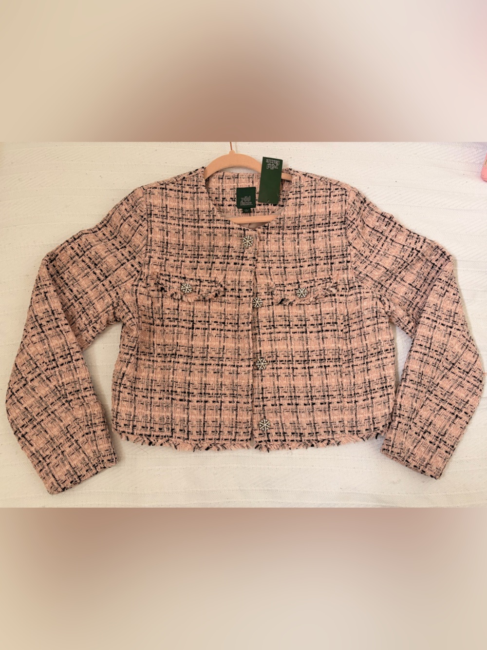 Classic Style Pink Tweed Fringe Cropped with bling buttons Blazer